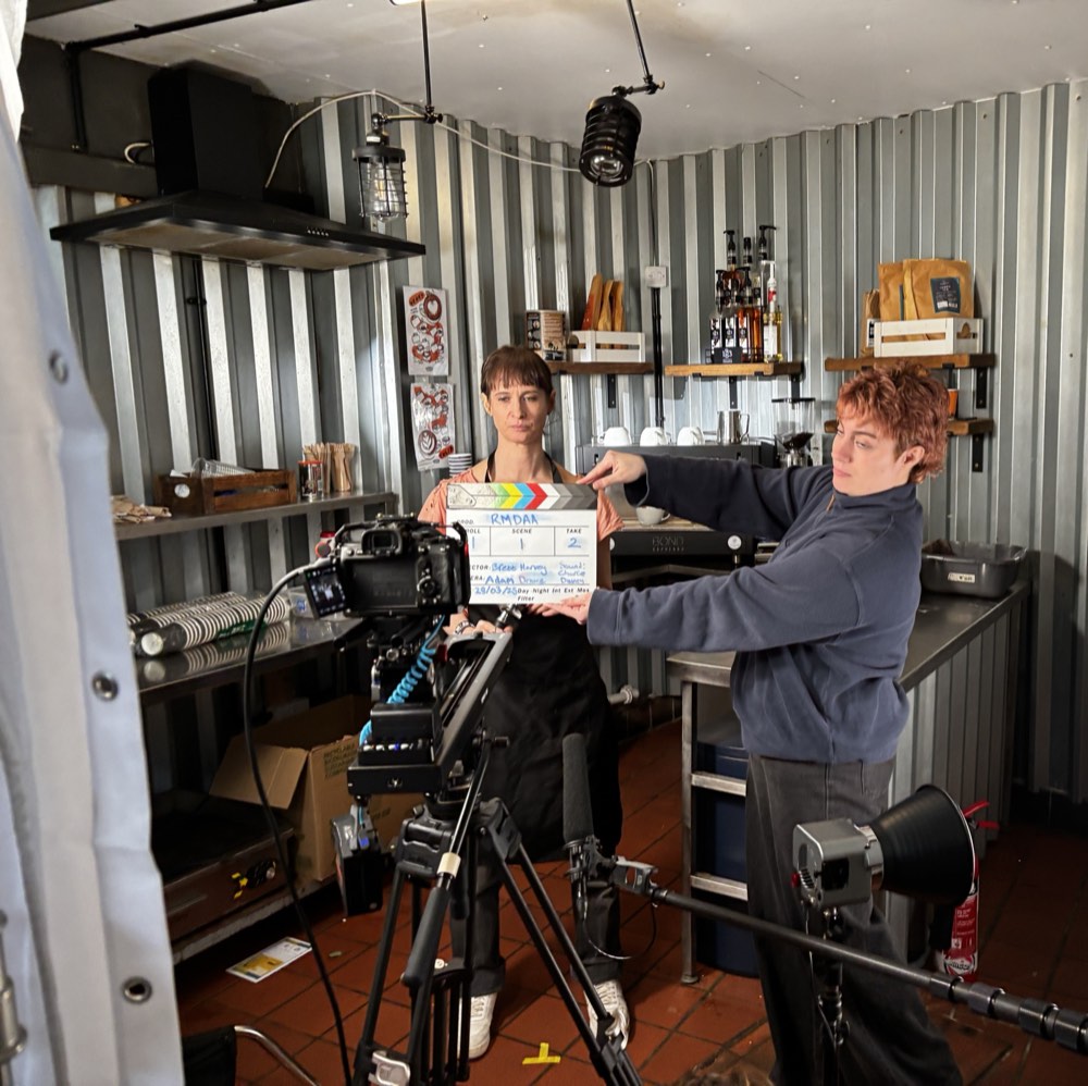 Clapperboard on a narrative film set, behind the scenes
