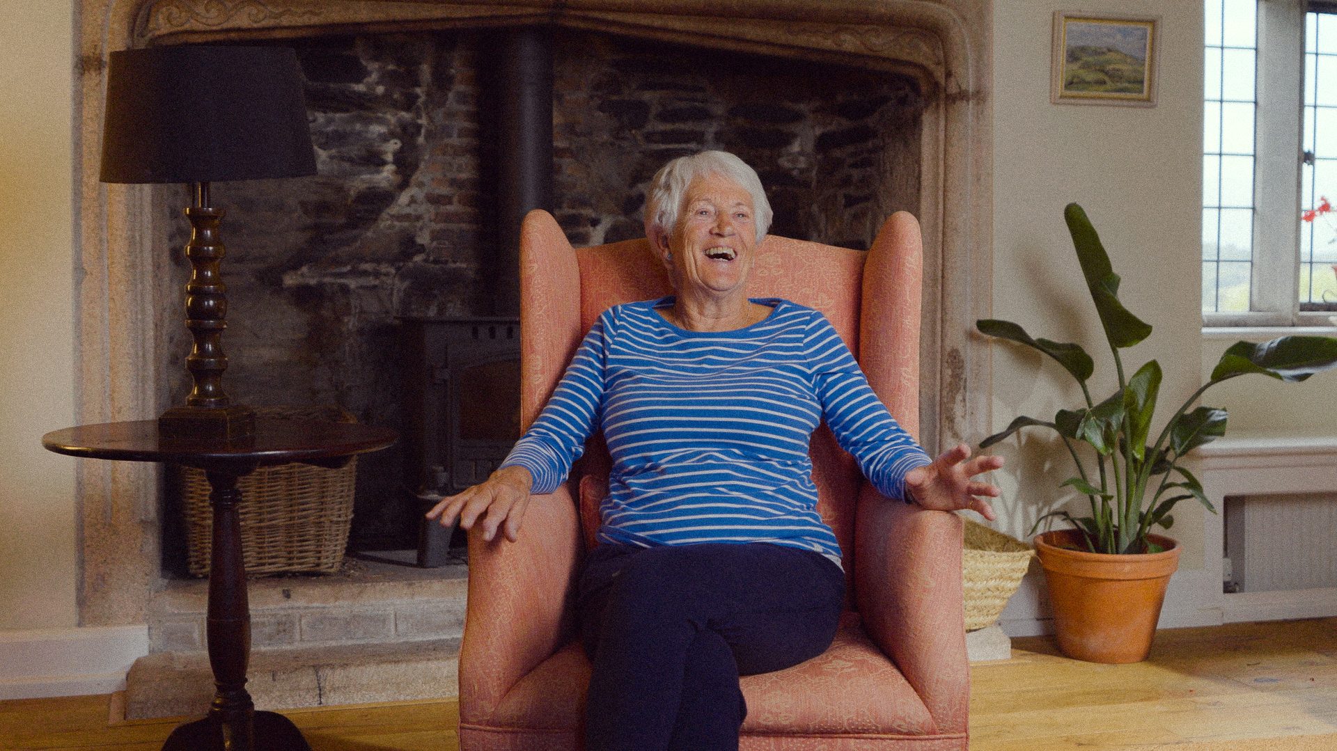Documentary-style interview still from a Cornwall wellness retreat production